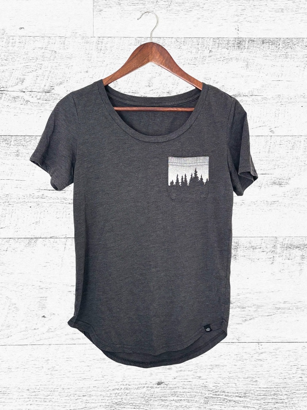 Women's Charcoal Gray Short Sleeve Pocket Tee with Tree Silhouette
